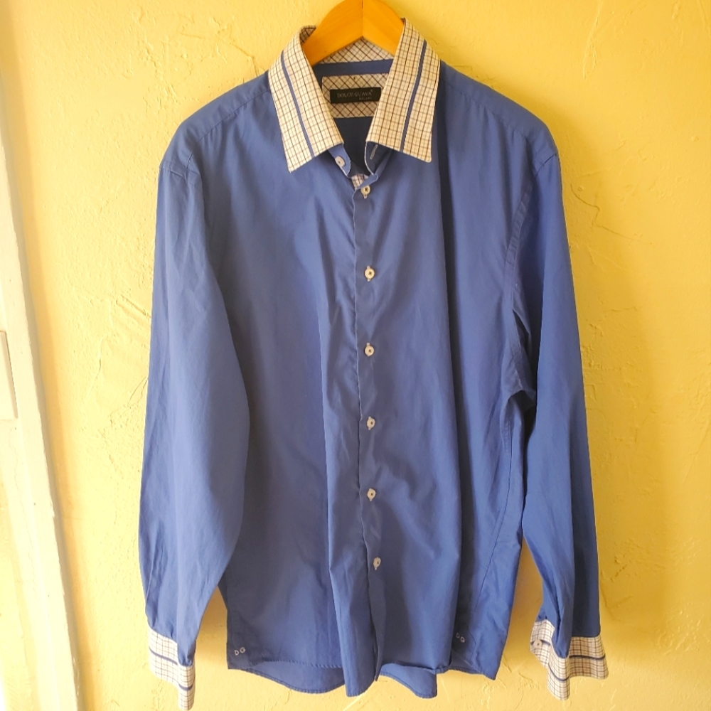 Dolce Guava Milano Blue 100% Cotton Button Down Long Sleeve Dress Shirt Size XL